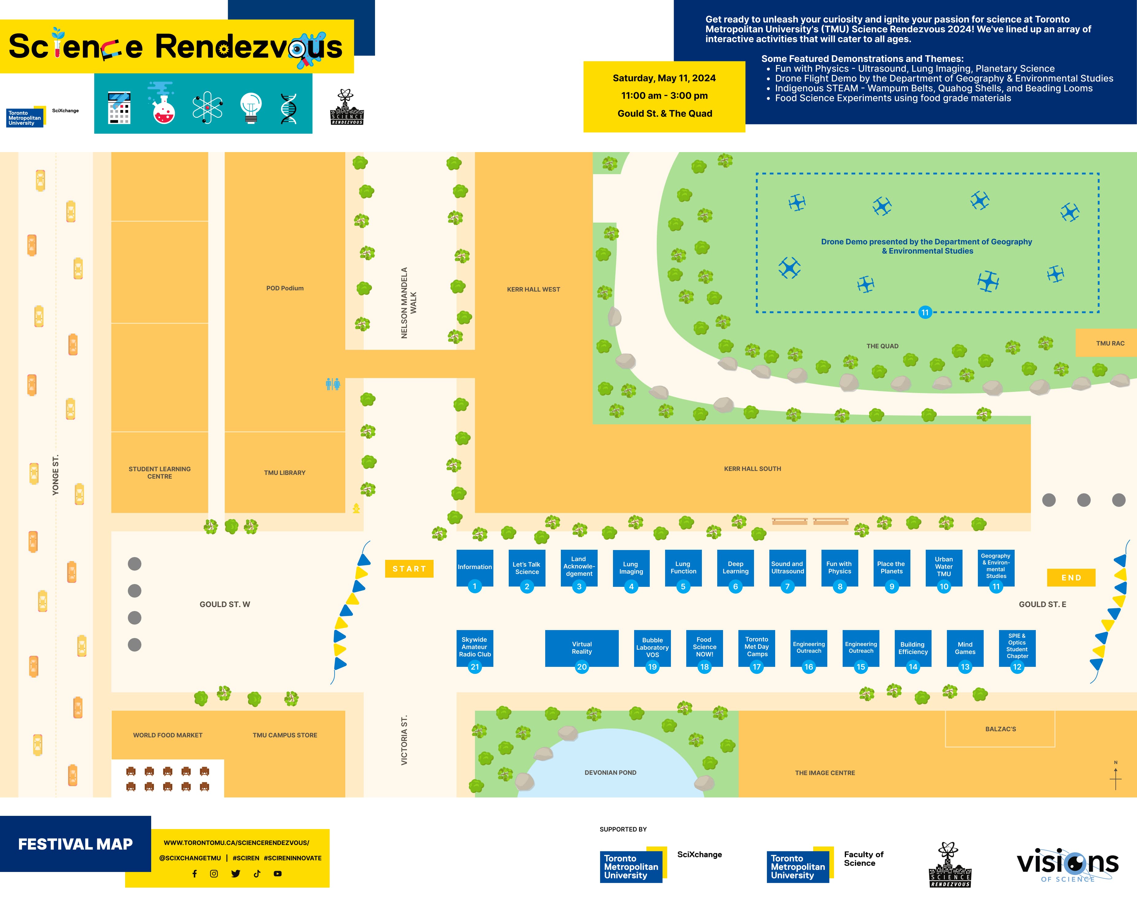A digitally illustrated sitemap of Science Rendezvous 2024 which showcases the location of twenty-one booths located on Gould Street at TMU.